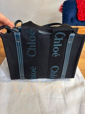 CHLOE Woody Small Canvas Leather Crossbody Tote Bag Black